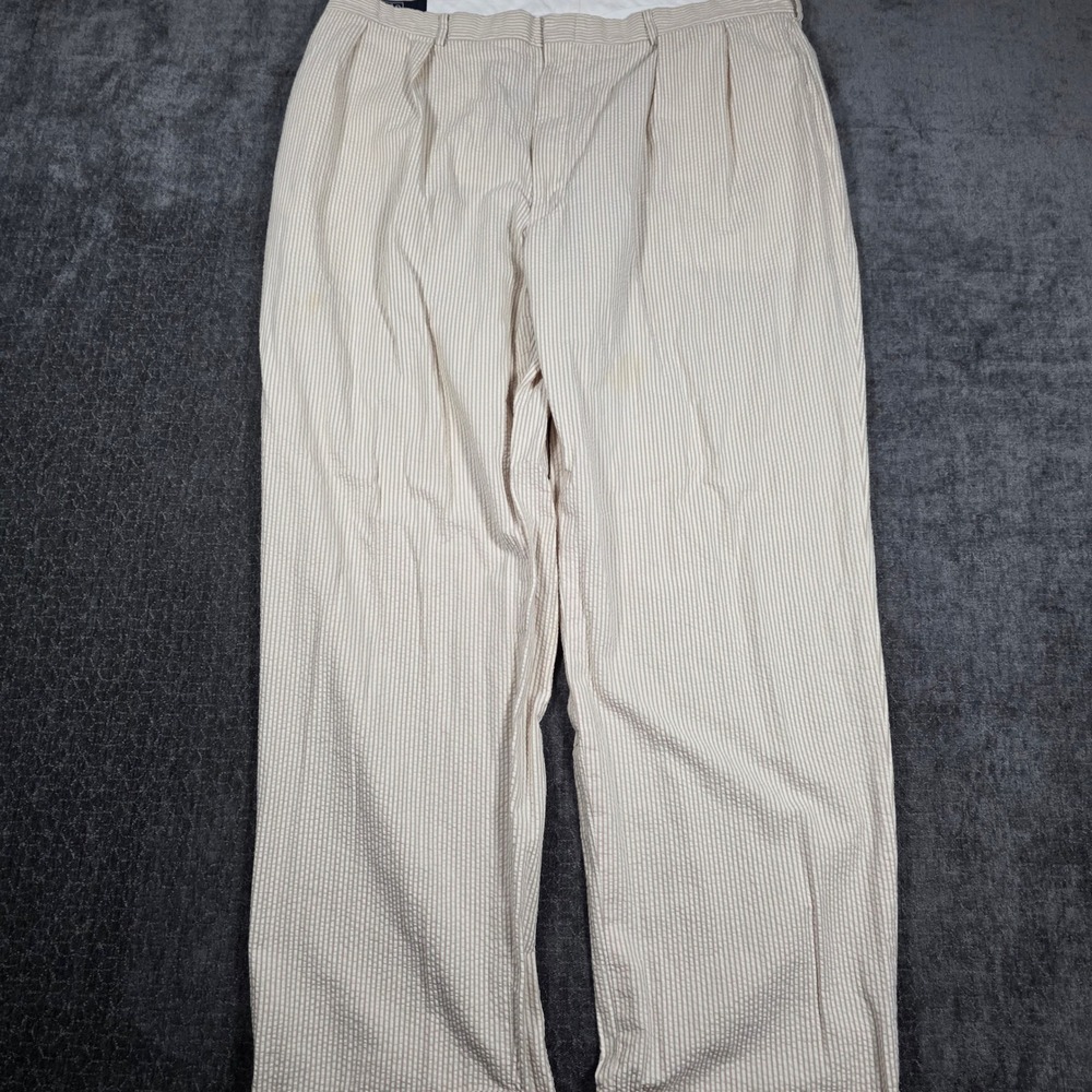 Polo Ralph Lauren Mens 40x31 Seersucker Pleated Pants Tan White Striped Cotton